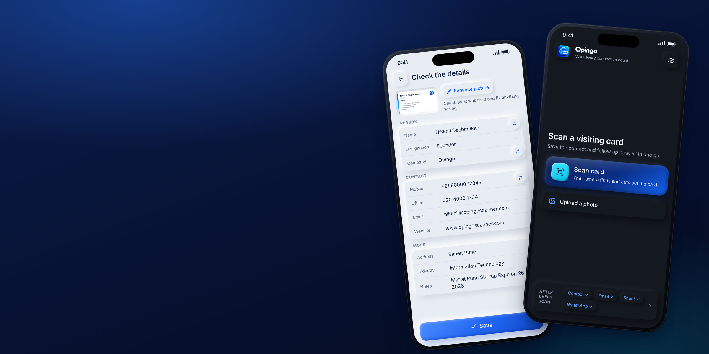 Opingo app screens: scan a visiting card and check the details